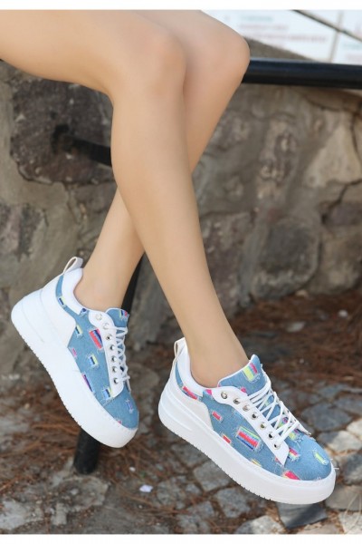 Bağcıklı Dolgu Topuk Spor Ayakkabı kot rengi