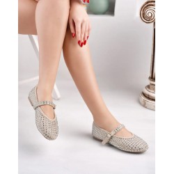 Kadın Kemerli Taşlı Küt Burunlu Babet BEJ GÜMÜŞ